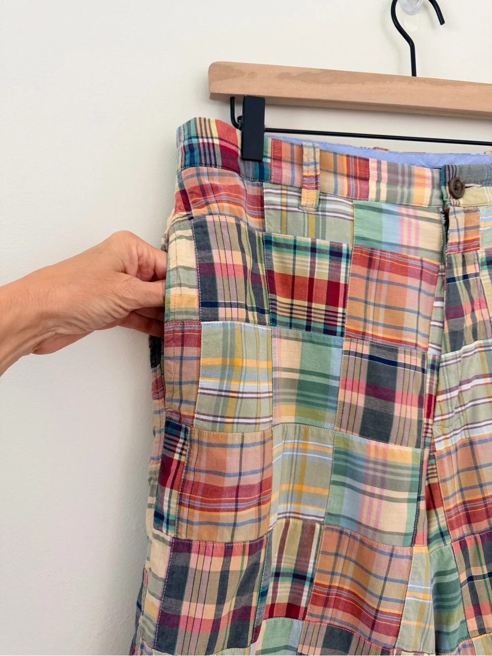Vtg 90s Y2K J Crew Mens Patchwork Rainbow Madras Plaid Shorts Cotton trending